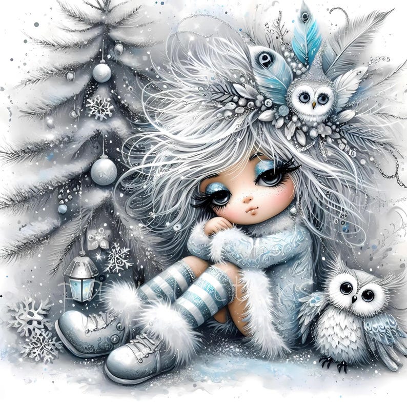 Snowy Owl Keeper Clipart, Whimsical Home Decor, Gift For Her, Kitchen, Bedroom, Bathroom, Living Room, Entry way, House Warming, Commercial Use Whimsical Ephemera, Fantasy Junk Journal, Cute Dolls Paper Craft, Snow owl art print, art poster, bedroom wall art, for her, gallery wall art, gift idea, home wall decor, illustration print, kitchen art print, living room decor, owl illustration, quirky girl clipart, junk journal cute girl clipart, cozy winter clipart, winter wonderland, snow winter png