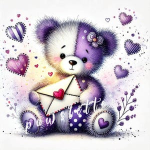 Carta de amor de San Valentín con osito de peluche. Clipart. Juego de 10. JPEG de alta calidad de 300 DPI. Clipart para guardería, álbum de recortes, uso comercial, manualidades de papel.