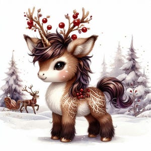 Weihnachten Rentier Einhorn Clipart 10 hochauflösende JPGs in Aquarell Farben für Junk Journal, Scrapbook, Kartenherstellung, digitaler Download, Fantasy, wunderlich