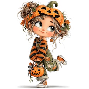Pode incluir: Um personagem de desenho animado com cabelo castanho em coques bagunçados, usando um chapéu de abóbora, um suéter listrado laranja e preto e um macacão verde-oliva com remendos de abóbora. O personagem segura um balde de abóbora e usa tênis laranja.