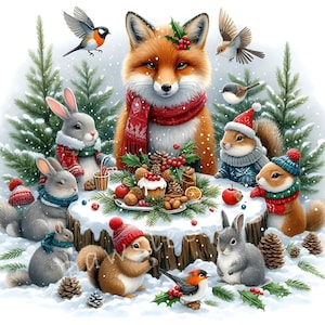 Fox and Friends Christmas Feast Clipart, 10 High Res Watercolor JPGs, Christmas Cards, Journal Paper Craft, Scrapbook, Xmas Holiday Prints