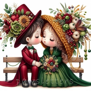 Cute Floral Wedding Couple Clipart, Bride And Groom Printables, Love Couple JPG Set, Digital Download, Marriage Scrapbooking Paper Crafts
