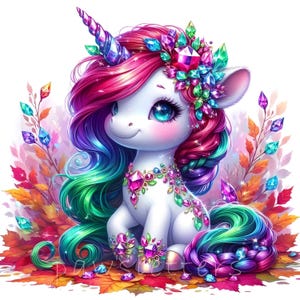 Puede incluir: Ilustración caprichosa de un unicornio blanco con melena y cola arcoíris, adornado con gemas de colores. El unicornio está sentado en medio de hojas de otoño, con un cuerno enjoyado y un collar de gemas. La obra presenta colores vibrantes y un tema de fantasía.