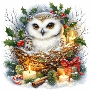 Clipart Noël nid de chouette, 10 images JPG aquarelles haute résolution Animaux de Noël, cartes de Noël, cadeaux d'art festif d'hiver, étiquettes, travaux manuels à imprimer