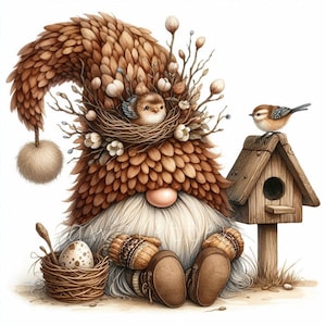 Clipart di gnomi di uccelli che nidificano / Set di 10 / JPEG di alta qualità a 300 DPI / Gnomi primaverili acquerellati per album, diari, creazioni di carta uniche