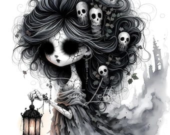 May include: A gothic-style illustration of a doll-like figure with long, dark hair adorned with skulls and ivy. The figure wears a gray dress and holds a lantern with a lit candle. The artwork is in grayscale with a watercolor effect.