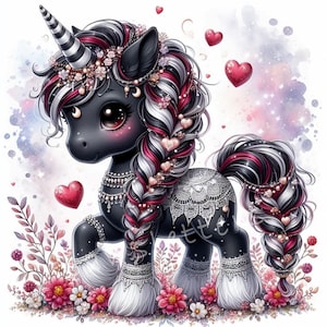 Crimson Moon Valentines Unicorn Clipart, Conjunto de 10 JPEGs de alta qualidade de 300 DPI, Impressões fofas de unicórnio preto, Clipart de fantasia de primavera, Floral