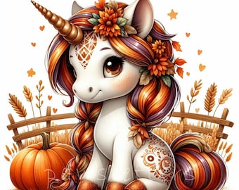 Watercolor Baby Unicorn Clipart | Set of 10 | High Quality 300 DPI JPEGs | Fall Gnome Clipart | Cute Printables | Fall Pumpkin Magic Unicorn