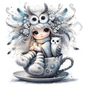 Clipart de Coruja de Gelo, 10 JPGs de alta qualidade com 300 DPI, Presentes de Inverno Aconchegantes no País das Maravilhas, Bonecas de Natal para o Feriado, Artesanato de Inverno DIY para Meninas