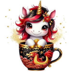 Ensemble de 10 images clipart licorne prospérité et chance pour sublimation année dragon, mug png, impressions du nouvel an chinois, fond transparent