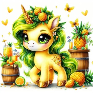 Clipart Summer Unicorn Pineapple Paradise, 10 JPG di alta qualità, vivaio di unicorni acquerellati, unicorni tropicali, stampe per feste estive