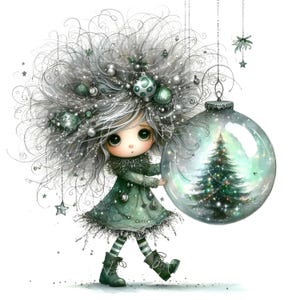 Pode incluir: Ilustração fantasiosa de uma figura semelhante a uma boneca com olhos grandes, vestindo um casaco e botas verdes, segurando um grande enfeite transparente com uma árvore de Natal dentro. A figura tem cabelo cinza adornado com enfeites e estrelas, em um fundo branco.