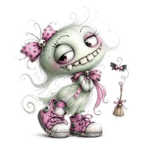 May include: A whimsical illustration of a pale green creature with large eyes, a wide toothy grin, and messy hair. It wears a pink polka-dot bow with a skull, a pink neck bow with skulls, and pink high-top sneakers. A small bat and broom are nearby.