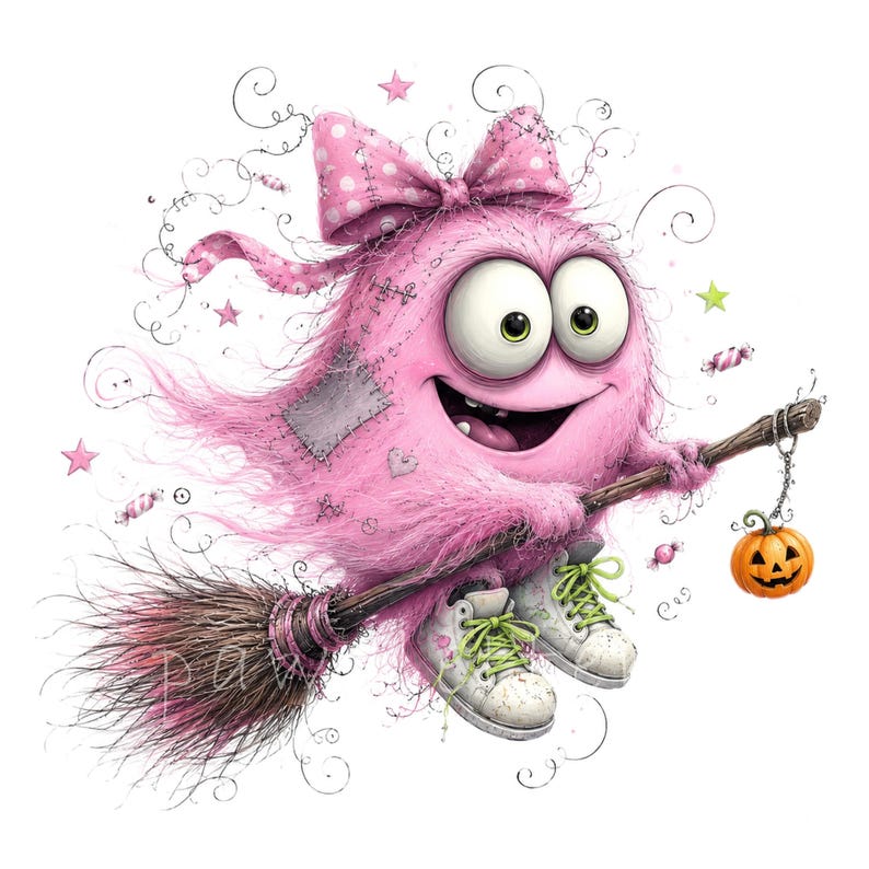 K&ouml;nnte beinhalten: Eine Illustration eines flauschigen rosa Monsters mit einer gro&szlig;en gepunkteten Schleife, das wei&szlig;e Turnschuhe tr&auml;gt und auf einem Holzbesen fliegt. Ein kleiner orangefarbener K&uuml;rbis h&auml;ngt am Besen, umgeben von Sternen und Bonbons.