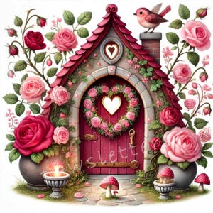 Rose Garden Valentines Fairy House Clipart | Zestaw 10 | Wysokiej jakości pliki JPEG 300 DPI | Natychmiastowe pobranie, Magical Garden, Floral Fantasy