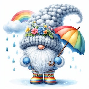 Rainy Day Gnome Clipart | Set of 10 | High Quality 300 DPI JPEGs | Cute Watercolor Spring Gnomes for Scrapbook, Journal, Unique Paper Crafts