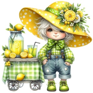 Sommer-Zwerg-Bundle Clipart, 13 PNG-Zwerge und Zitronen-Stand-Aquarell Clipart, digitaler Download, Kartenherstellung, Obst-Zwerg, kommerzielle Nutzung