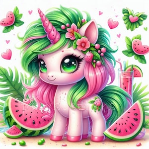 Clipart brise de pastèque licorne d'été, 10 fichiers JPG de haute qualité, chambre d'enfant licornes mignonnes aquarelles, licornes tropicales, impressions de fête d'été
