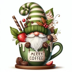 Watercolor Coffee Lover Gnome Clipart | Set of 10 | High Quality 300 DPI JPEGs | Matcha & Coffee Beans Gnome Art | Coffee Cup | Gnomes