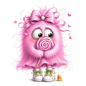 K&ouml;nnte beinhalten: Ein flauschiges rosa Wesen mit gro&szlig;en Augen, das eine gepunktete Schleife auf dem Kopf und wei&szlig;e Turnschuhe mit gr&uuml;nen Schn&uuml;rsenkeln tr&auml;gt. Das Wesen h&auml;lt einen rosa-wei&szlig;en Spiral-Lutscher, umgeben von kleinen schwebenden rosa Herzen und Zuckermais.