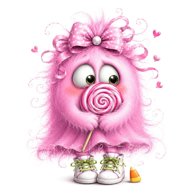 K&ouml;nnte beinhalten: Ein flauschiges rosa Wesen mit gro&szlig;en Augen, das eine gepunktete Schleife auf dem Kopf und wei&szlig;e Turnschuhe mit gr&uuml;nen Schn&uuml;rsenkeln tr&auml;gt. Das Wesen h&auml;lt einen rosa-wei&szlig;en Spiral-Lutscher, umgeben von kleinen schwebenden rosa Herzen und Zuckermais.