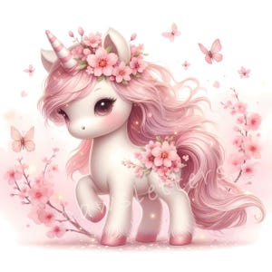 Cherry Blossom Unicorn Clipart Bundle 10 High Res JPGs, Watercolor Flower Unicorn Clipart, Instant Download, Floral Fantasy, Whimsical