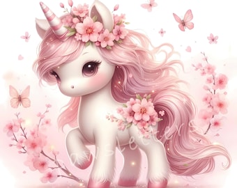 May include: A pink unicorn with a white horn and a pink flower crown. The unicorn has pink hair and is standing on a pink background with pink flowers.