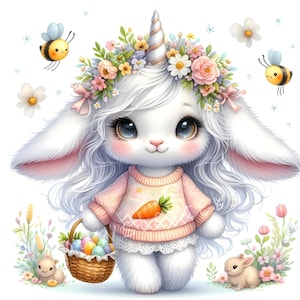Bunny Unicorn Clipart, 10 simpatici animali JPG, alta qualità 300 DPI, coniglietto pasquale, animali acquerellati, simpatici animali stampabili, clipart primaverile