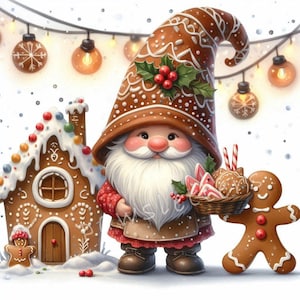 Gnome boulanger en pain d'épice Clipart 10 fichiers JPG aquarelle haute résolution pour journal indésirable, scrapbooking, cartes de Noël, téléchargement numérique, fantastique, fantaisiste