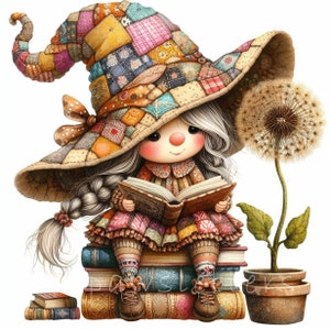 Patchwork lesen Gnom Clipart | 10er Set | Hohe Qualität 300 DPI JPEGs | Aquarellbuch Blumenzwerg | Buchliebhaber Gnom Art