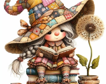Patchwork Reading Gnome Clipart | Set of 10 | High Quality 300 DPI JPEGs | Watercolor Book Flower Gnome | Quilted Book Lover Gnome Art
