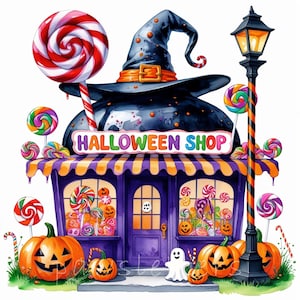 Candy Cauldron Halloween Shop Clip Art | 10 High Res Watercolor JPGs Sweet Spooky Storefront, Whimsical Digital Graphics, Trick or Treat Art