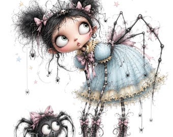 May include: A digital illustration of a character with black hair in pigtails, wearing a light blue dress with spiderweb patterns, lace trim, and black boots. The character has spider-like limbs and is accompanied by a fuzzy black spider with a pink bow.