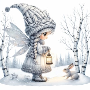 Clipart di gnomi fatati di betulla smerigliata 10 JPG ad alta risoluzione di acquerelli Gnomo invernale, gnomi fatati bianchi Biglietti di Natale, tag di regali per le vacanze invernali
