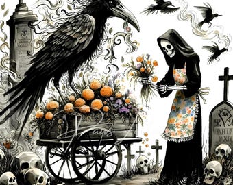 13 imágenes prediseñadas de cuervo embrujado en formato JPG, arte gótico de cuervo para Halloween, temporada de Halloween espeluznante, cuervo de Halloween, imprimibles y manualidades oscuras y espeluznantes