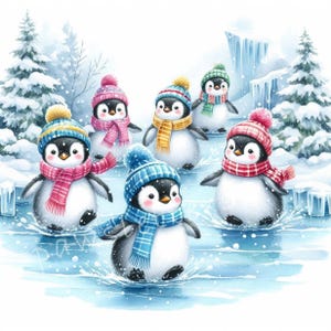 Schaatsen pinguïns clipart 10 high-res aquarel jpg's voor ongewenste dagboek, plakboek, kerstkaarten, feestelijke kunst, gezellige vakantie graphics