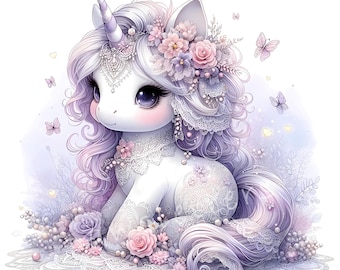 Könnte beinhalten: Ein weißes Einhorn mit einer lila und pinken Mähne und einem Schwanz, das ein weißes Spitzenkleid und eine Blumenkrone trägt. Das Einhorn sitzt auf einem Bett aus weißer Spitze und Blumen.
