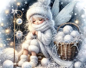 May include: A watercolor illustration of a fairy dressed in white winter attire, knitting with white yarn. She wears a hat, scarf, and coat, with a basket of yarn nearby. The background features a snowy scene with soft lighting and decorative lights.