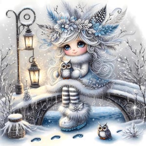 Snowy Owl Keeper Clipart, Whimsical Home Decor, Gift For Her, Kitchen, Bedroom, Bathroom, Living Room, Entry way, House Warming, Commercial Use Whimsical Ephemera, Fantasy Junk Journal, Cute Dolls Paper Craft, Snow owl art print, art poster, bedroom wall art, for her, gallery wall art, gift idea, home wall decor, illustration print, kitchen art print, living room decor, owl illustration, quirky girl clipart, junk journal cute girl clipart, cozy winter clipart, winter wonderland, snow winter png