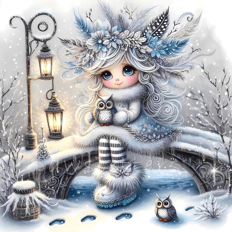 Snowy Owl Keeper Clipart, Whimsical Home Decor, Gift For Her, Kitchen, Bedroom, Bathroom, Living Room, Entry way, House Warming, Commercial Use Whimsical Ephemera, Fantasy Junk Journal, Cute Dolls Paper Craft, Snow owl art print, art poster, bedroom wall art, for her, gallery wall art, gift idea, home wall decor, illustration print, kitchen art print, living room decor, owl illustration, quirky girl clipart, junk journal cute girl clipart, cozy winter clipart, winter wonderland, snow winter png