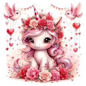 Guirnalda de corazones para San Valentín, imágenes prediseñadas de unicornio, juego de 10 JPEG de alta calidad de 300 DPI, unicornios bebés imprimibles, fantasía, caprichosos, descarga digital