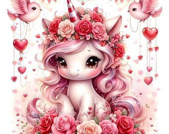 May include: A pink unicorn with a red and white horn, wearing a crown of pink and red roses. The unicorn is surrounded by pink and red roses and hearts.