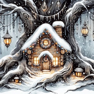 Winter Woodland Fairy House Clipart 10 High Res Watercolor JPGs, Magical Fairytale Illustrations, Xmas Digital Paper Craft, fantasy journals