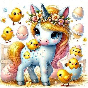 Clipart de unicornio de compañía de polluelos / Juego de 10 / JPEG de alta calidad de 300 DPI / Lindo clipart de acuarela de unicornio, imprimibles de Pascua de unicornio de primavera