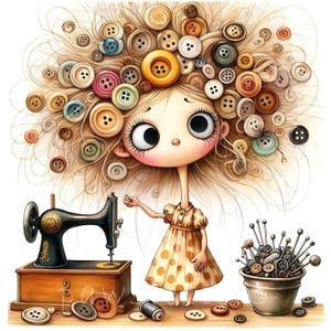 May include: A whimsical illustration of a doll-like figure with button-adorned hair, wearing a polka-dot dress. A vintage sewing machine sits on a wooden table, with scattered buttons, thread, and a container of pins. The color palette includes warm tones.
