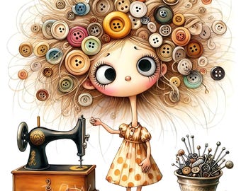Sewing Girl Clipart | Quirky Button Art, Commercial Use (JPG)