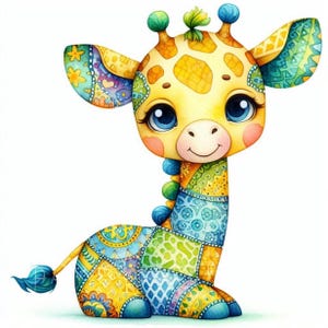 Puede incluir: Una jirafa de patchwork colorida con patrones azules, verdes, amarillos y naranjas. La jirafa tiene grandes ojos azules y una sonrisa amigable.