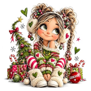 Puede incluir: Una ilustración de dibujos animados de una niña con coletas rubias, orejeras peludas, un suéter verde con la cara del Grinch y leggings a rayas. Está rodeada por un árbol de Navidad, regalos, bastones de caramelo y un adorno rojo con la palabra GRINCHMAS.