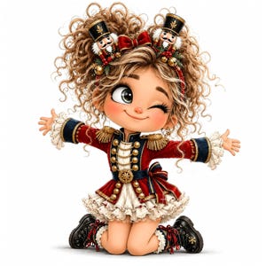 Puede incluir: Una muñeca con cabello rubio rizado que viste una chaqueta de estilo militar roja y azul marino con botones dorados, una falda blanca con volantes y botas negras. La diadema presenta dos pequeñas figuras de cascanueces y un lazo rojo.