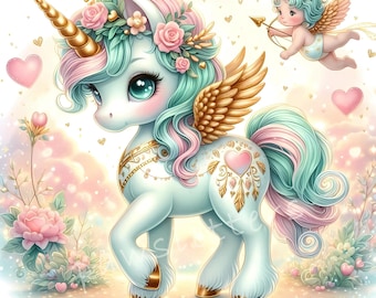 May include: A pastel pink and blue unicorn with gold wings and a golden horn. The unicorn is wearing a flower crown and has a heart-shaped tattoo on its side. A small cupid with wings and an arrow is flying in the background.